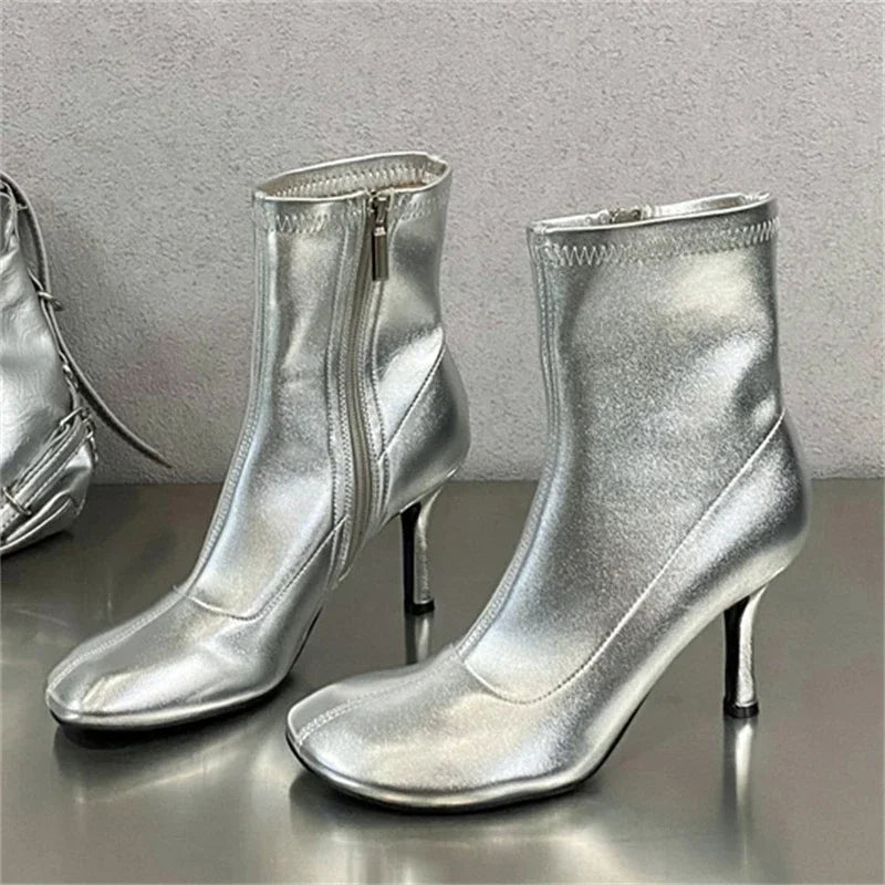 LBSFY -Spring Autumn SEXY Round Toe Women Ankle Boots Concise Thin High Heels Shoes Fashion Side Zipper Short Booties