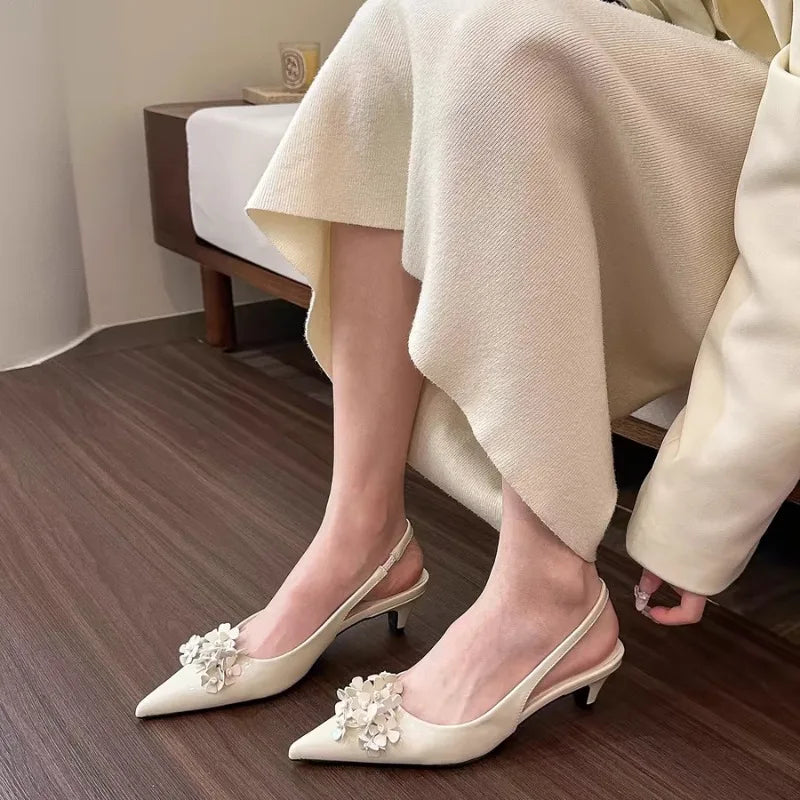 LBSFY -New Style Women's Spring Green Flower Pointed Elegant High Heels for Women Fashion Shallow Mouth Slingbacks Sandals Casual Pumps