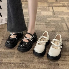 LBSFY  -Thick Soled Mary Jane Shoes for Women  New Sweet Buckle Loafers Pearl Chain Round Toe Platform Dress Lolita Shoes Pumps