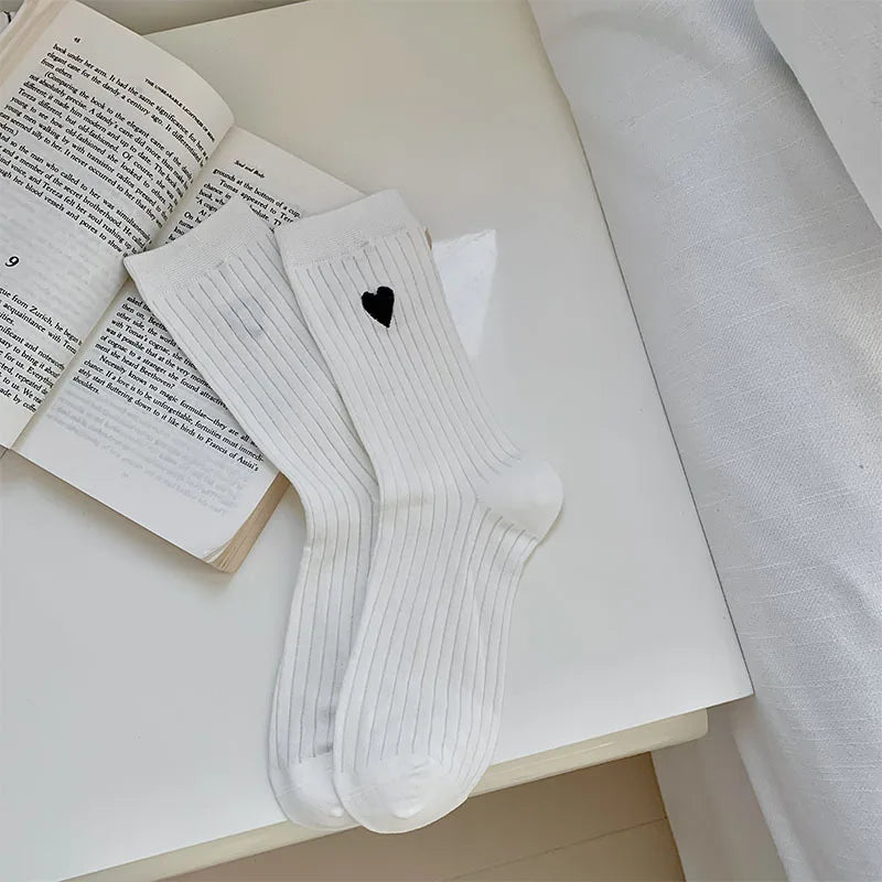 Lbsfy Women Socks Cotton Female Japanese Sweet Style Love Embroidered Mid-tube Spring Summer Thin Cute Girls Solid Color Stripe Socks