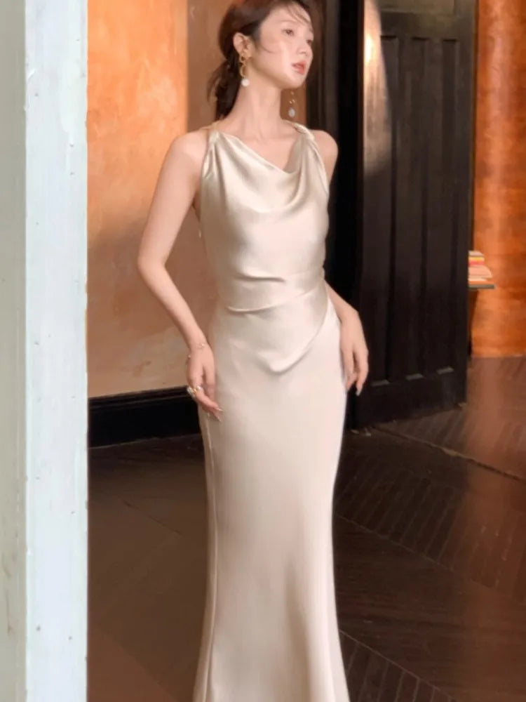 LBSFY -Women's Summer Party Elegant French Dresses Sexy Satin Swing-Collar Slim Bodycon Evening Mermaid Dress Chic Prom Female Clothes