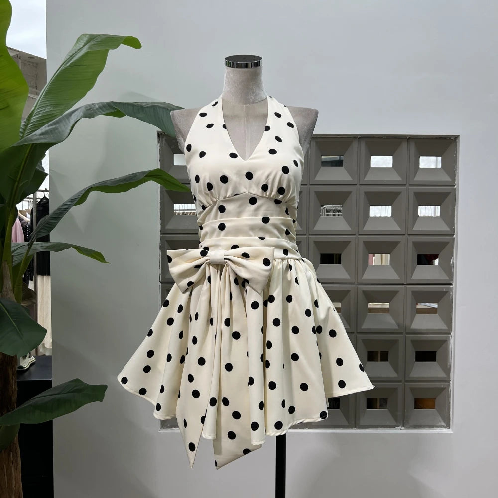 LBSFY -Elegant Dot Halter V-Neck Mini Dress Backless A-Line Gowns Women's Clothing Summer Beach Slimming Holiday Dresses Vestidos