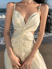 LBSFY -Women Beige Sexy Club Backless Pleated Slip Dress Summer Elegant V-neck Slim Lace Up Sleeveless Evening Party Fairy Long Dresses