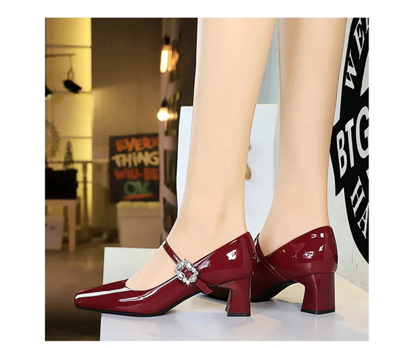 LBSFY -Banquet Mary Jane Women Single Shoes Square Toe Light Mouth Patent Leather One-Striped Rhinestone Buckle Thick Heel Medium Heel