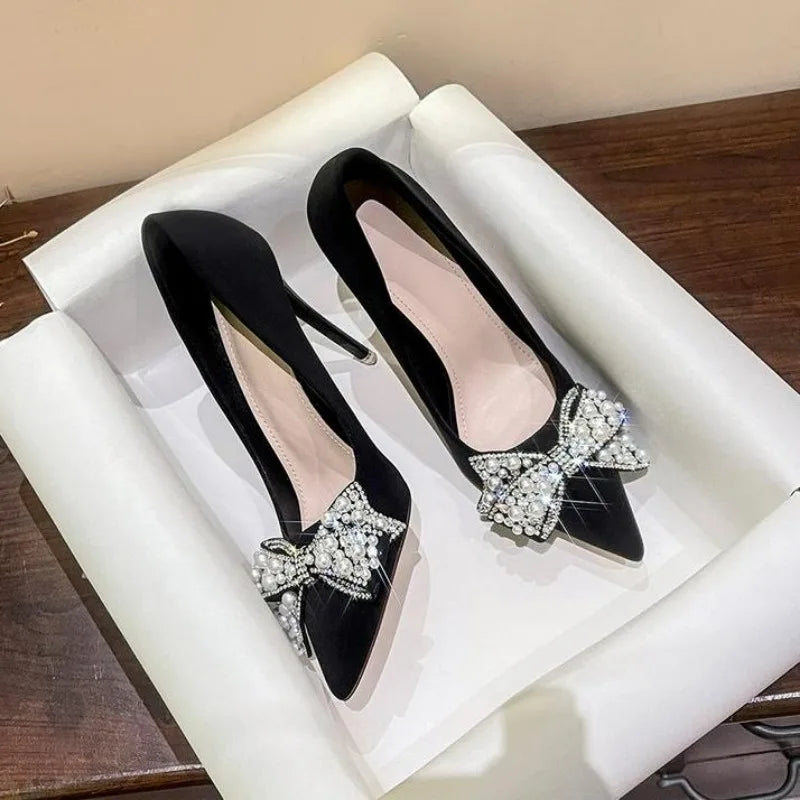 LBSFY -New Fashion Bowknot Pointed Toe High Heels Pumps Women's Stiletto White Pearl Bridal Wedding Shoes Banquet Party Dress Shoes