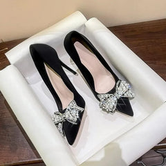 LBSFY -New Fashion Bowknot Pointed Toe High Heels Pumps Women's Stiletto White Pearl Bridal Wedding Shoes Banquet Party Dress Shoes