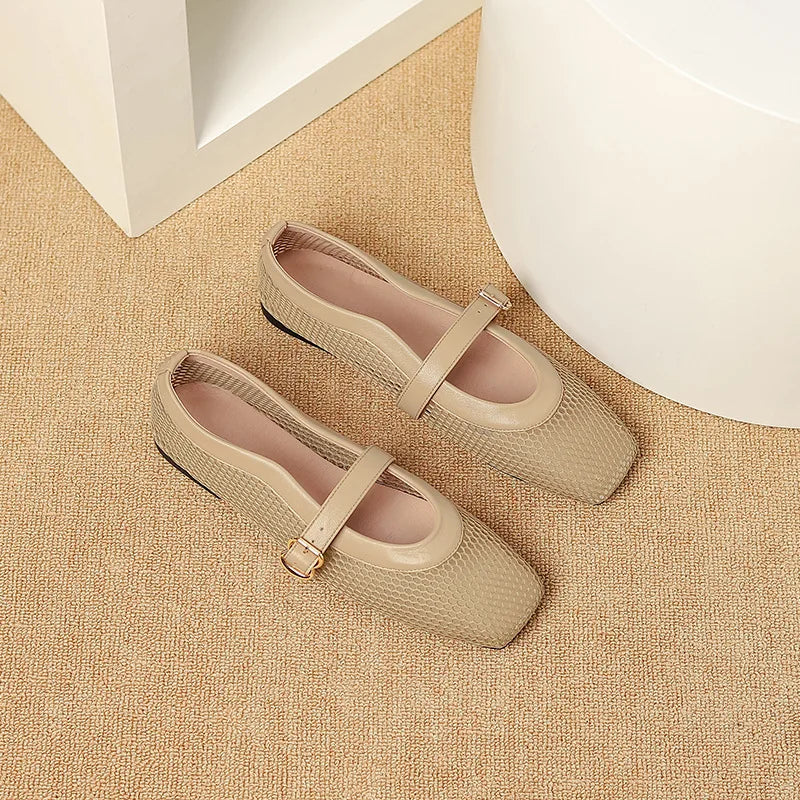 LBSFY  -  Fashion Square Toe Mesh Ballet Flats Buckle Strap Mary Janes Breathable Hollow Out Single Shoes Female Flat Bottom Casual Shoes