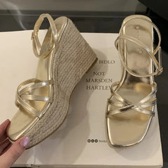 Lbsfy Summer New Weave Platform Sandals Women Fashion Narrow Band Open Toe Wedge Rome Sandals Ladies High Heels Sandalias De Mujer