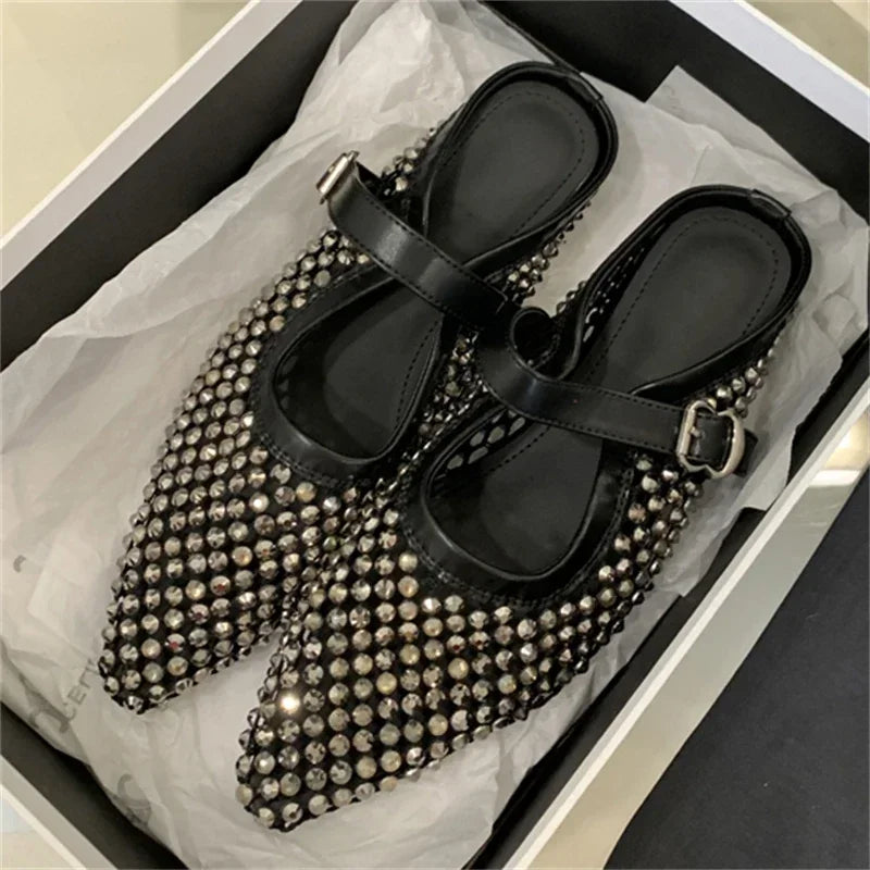 LBSFY -Mesh Hollow Out Buckle Strap Mules Slippers Women Elegant Fashion Pointed Toe Square Low Heels Shoes