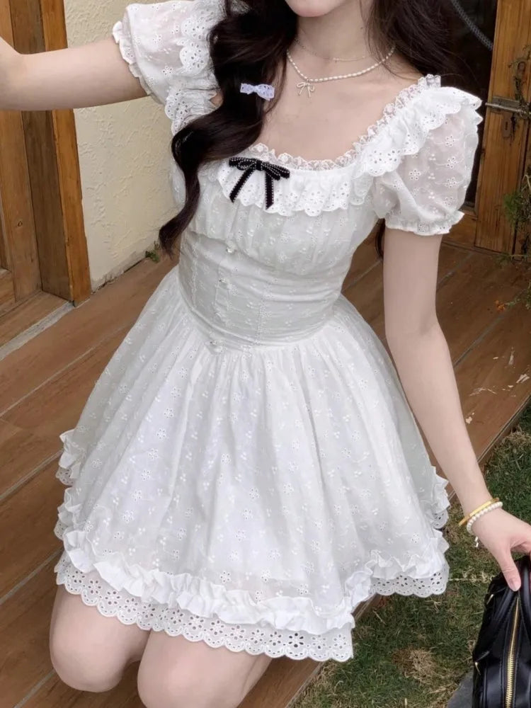 LBSFY -Chic 2025 Summer Sweet Lace Spliced Birthday Party Dress Women Square-Collar High Waist Bubble Short Sleeve A-Line Short Dresses