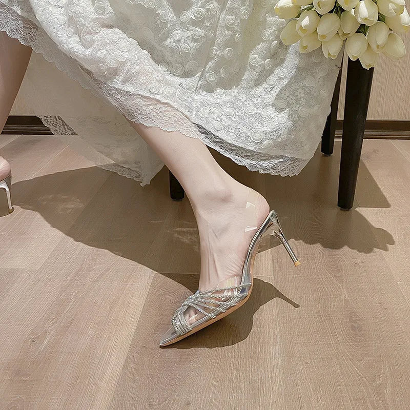 LBSFY  -  2024 Summer banquet high heels for women urza pointy head with diamond all-matching rhine-diamond transparent sandals 8cm