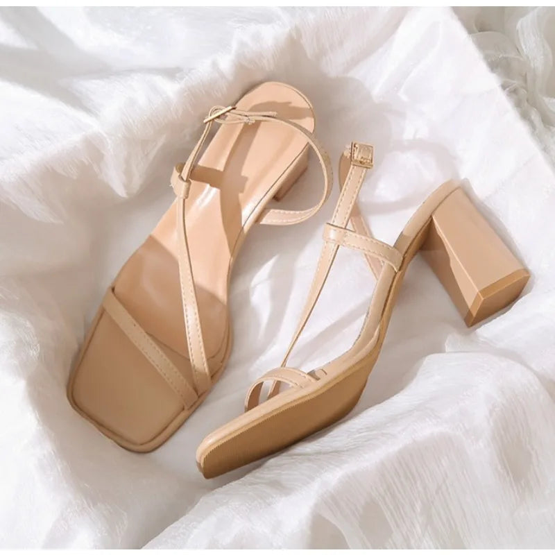 LBSFY -Women Sandals Ladies Square Heels Elegant Summer Slippers Outside Cross Tied Leather Female Slides 2025 Fashion Woman Sandals