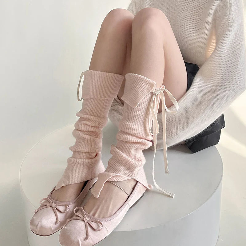 Lbsfy French Ballet Knitted Strap Leg Socks Y2K Tie Bow JK Bow Tie Leg Warmers Long Calf Covers Sweet Japanese Stockings Stacked Socks