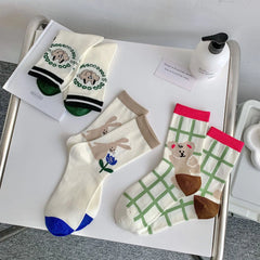 Lbsfy Women Socks Mid-tube Female Graffiti Illustration Stripe Cute Kawaii Harajuku Cartoon Cat Bear Animal Breathable Cotton Socks