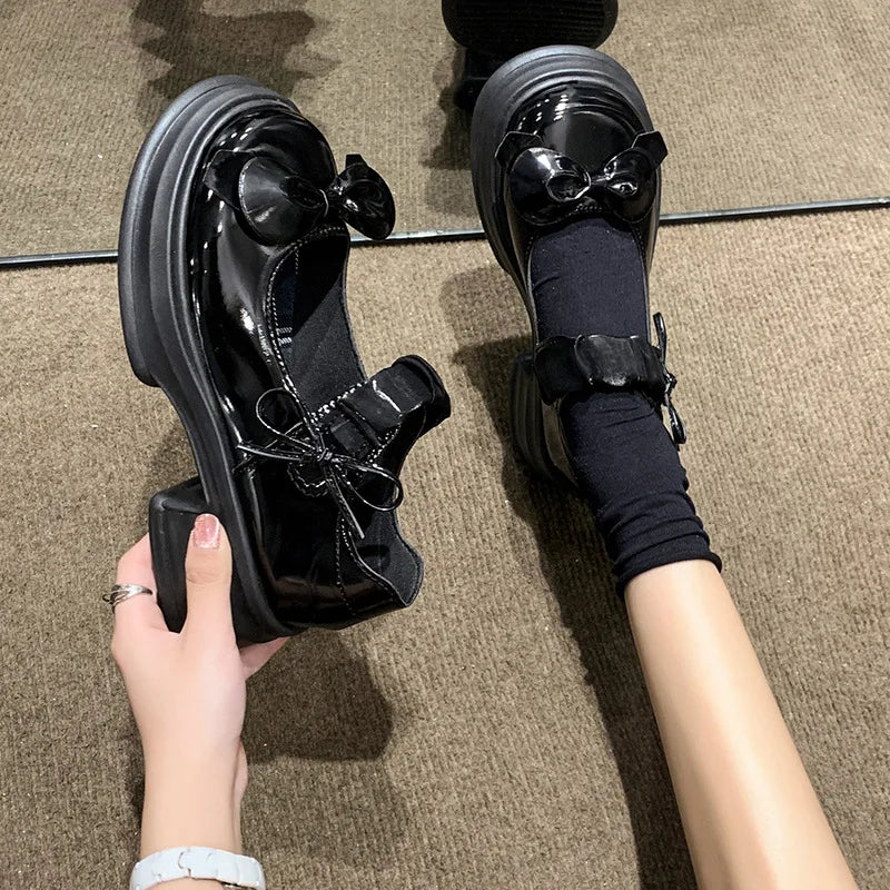 LBSFY -Luxury Platform Women Single Lolita Shoes Autumn Patent Leather Ankle Bow Mary Jane Shoes Woman Loafers Topsiders Ballerinas