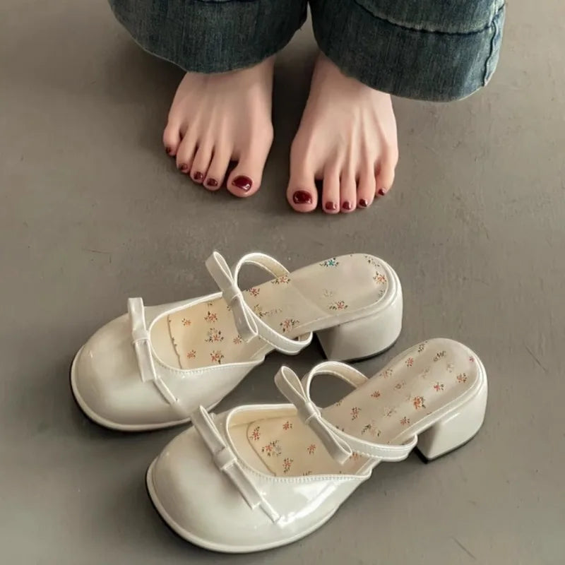 LBSFY -Small Floral Baotou Slippers for Summer Wear 2025 New Round Toe Shallow Mouth Bow with Skirt Block Heel High Heel Sandals