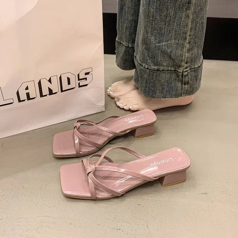 LBSFY -New Style Fashion Women's Shoes Peep Toe Square Toe Women's Slippers Outdoor Stiletto Heel Cross Thin Strip Modern Slippers