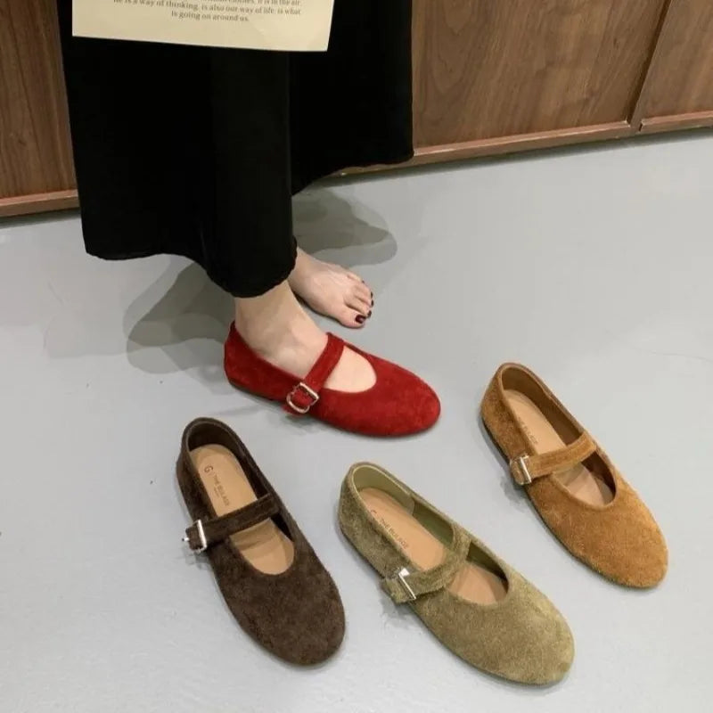 LBSFY -New Style Fashion Women's Ballet Flats Retro Red Double Belt Buckle Decoration Casual High Quality Big Size Lady Mary Jane Shoes