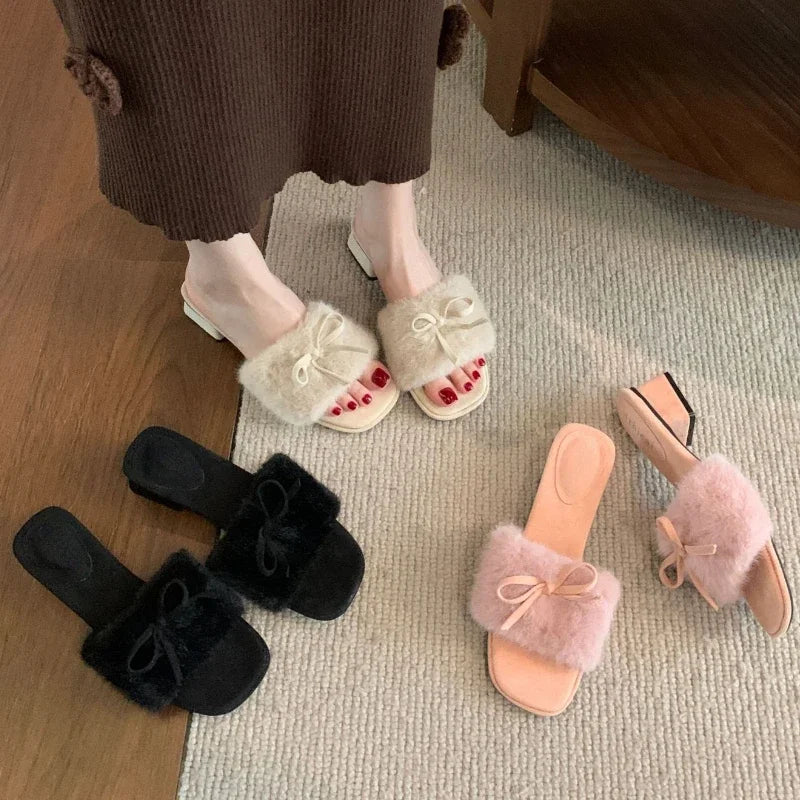 LBSFY  -  New Winter Fluffy Slippers Women Bow Square Toe Warm Slides Women Outdoors Peep Toe Sweet Elegant Chunky Fur Slippers Female