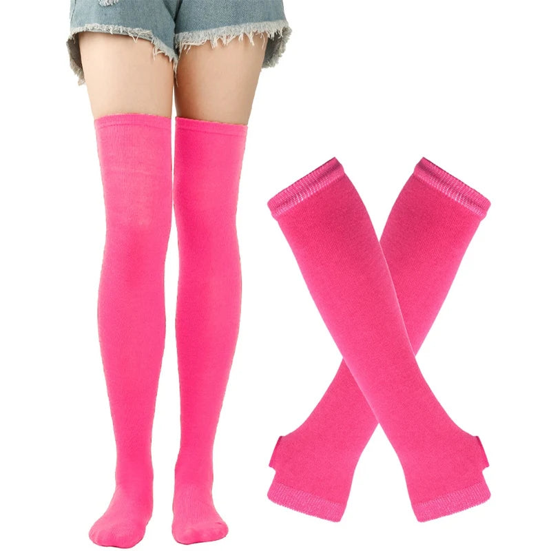 Lbsfy 1 Set Women Girls Over Knee Long Stripe Thigh High Cotton Gothic Lolita Socks Arm Sleeve Gloves Sweet Cute Black Overknee Socks