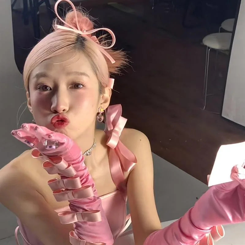 Lbsfy Sweet Bow Glove Diamond Birthday Party Decoration Photography Prop Y2K Girl Silk Sleeve Japanese Arm Cover Satin Arm Sleeve