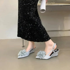Lbsfy Luxury Designer Elegant Sandals Woman Summer Flower Buckle Strap Pumps Women Sexy Pointed Toe Wedge Heels Fashion Mule Shoe