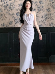 LBSFY -Hollow Elegant Summer Dresses For Women Sexy French Fashion Folds Spaghetti Strap Slim Fit Long Dress Evening Chic Party Robe