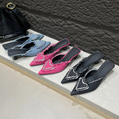 LBSFY  - Pointed Toe Women Slippers Slides Thin High Heels Outside Slides Dress Shoes Blue Rose Black Heart Shape Slip On Mules Sandals