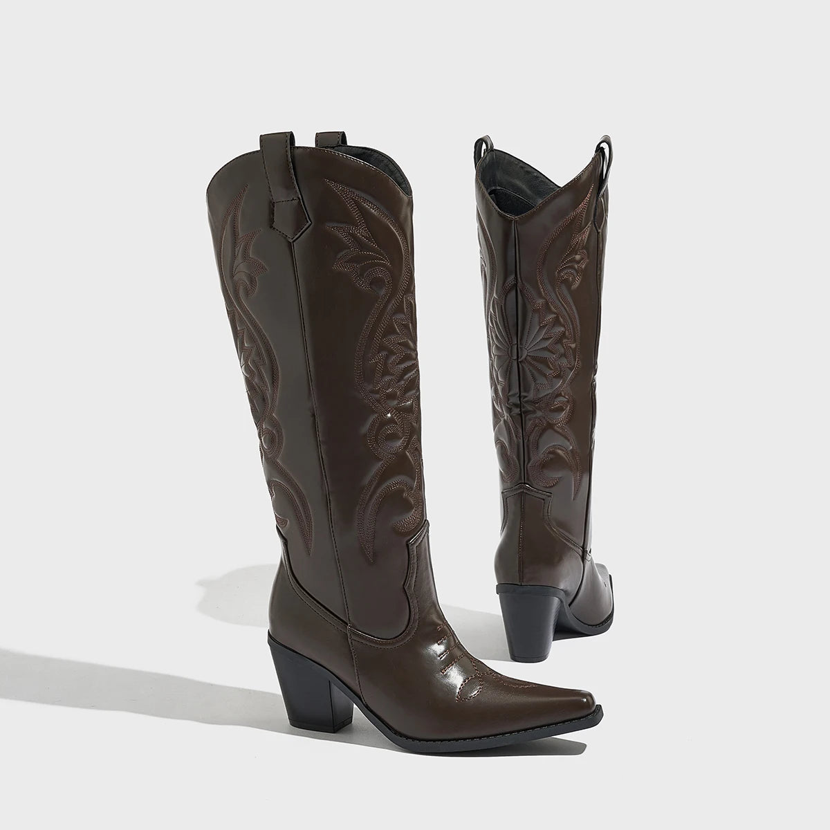 LBSFY -Western Boot Retro Embroidery Round Pointed Top Thick Heel V-shaped Wide Cuff Thick Bottom Long Boots Women's Chunky Heels Boots
