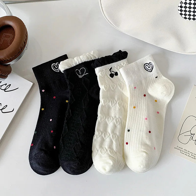 Lbsfy Women's Short Socks Spring Summer Love Cherry Embroidered Casual Cotton Low Tube Ruffle White Black Cute Kawaii Girl Cotton Sock