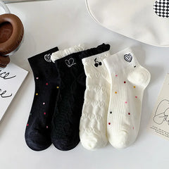 Lbsfy Women's Short Socks Spring Summer Love Cherry Embroidered Casual Cotton Low Tube Ruffle White Black Cute Kawaii Girl Cotton Sock