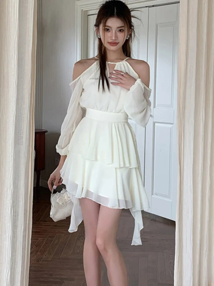 LBSFY -Summer Fairy Elegant Fashion Mini Dresses For Woman New Off Shoulder Sling Halter Tassel Party Dress French Hollow Vestidos