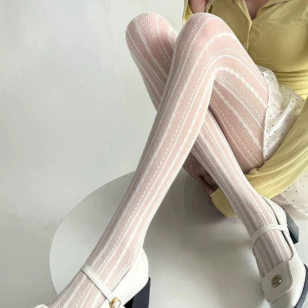 Lbsfy Women Sexy Lace Fishnet Pantyhose Lolita Style Hollow Out Design Red Silk Stockings JK High Waist Striped Tights Christmas Gifts