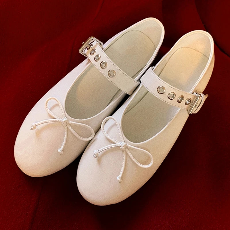 LBSFY  -  Genuine Leather White Bowknot Ballet Shoes Ladies Brand Designer Spring Mary Janes Shoes for Women Dress Leisure Buckle Flats