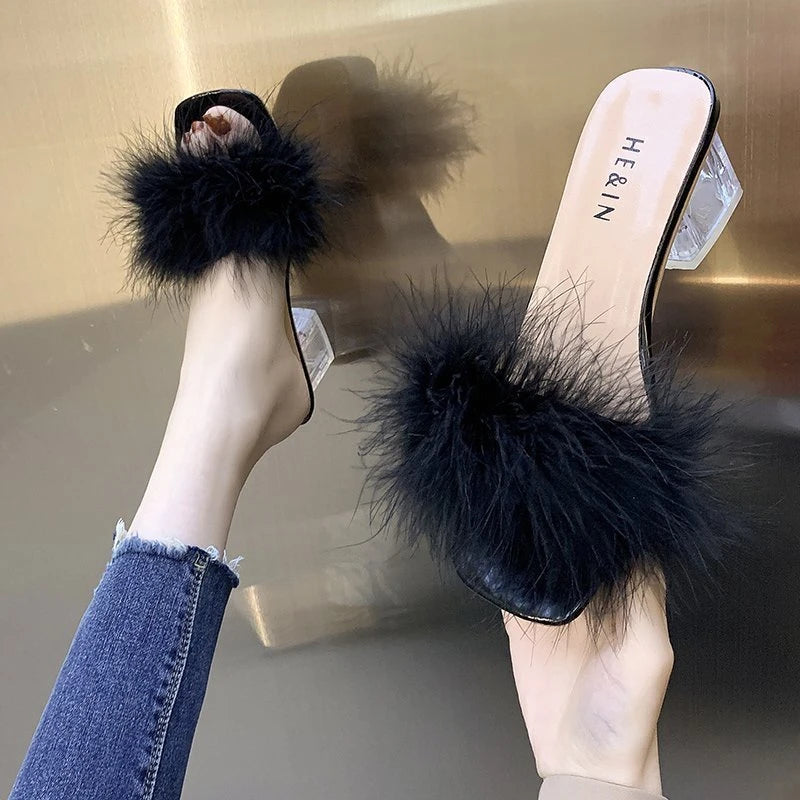 LBSFY -Fashion Slippers Women's Summer New Open Toe Plush Fox Fur Chunky with Flip Flops Sexy Home Banquet Square Toe Simple Pumps
