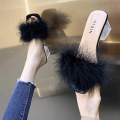 LBSFY -Fashion Slippers Women's Summer New Open Toe Plush Fox Fur Chunky with Flip Flops Sexy Home Banquet Square Toe Simple Pumps