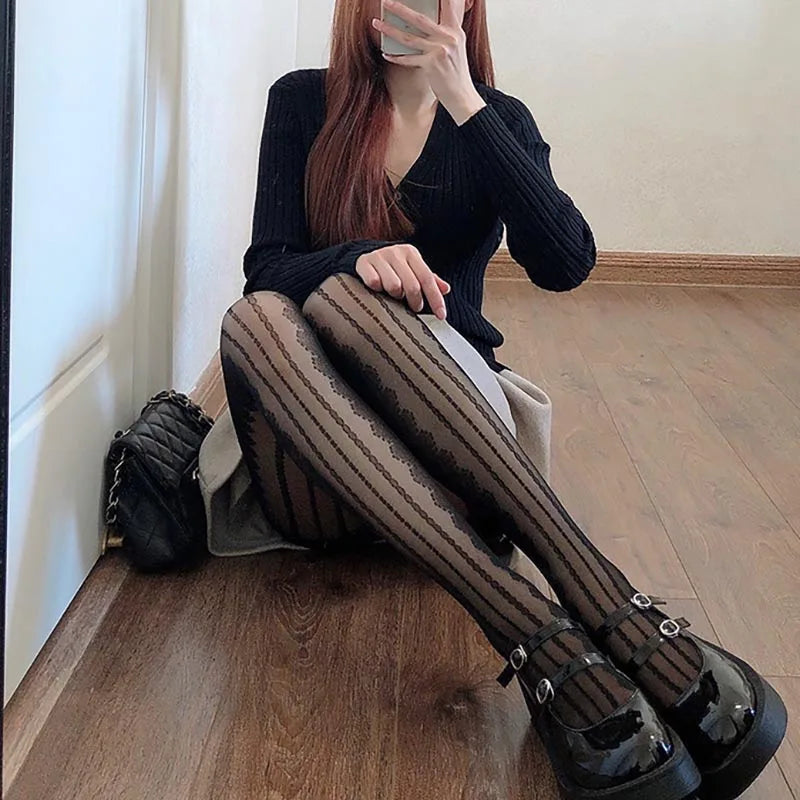 Lbsfy Black White Lolita Hollowed Lace Mesh Stockings Women Bottomed Pantyhose Japanese Goth Thin Stocking Hot Classic Tights
