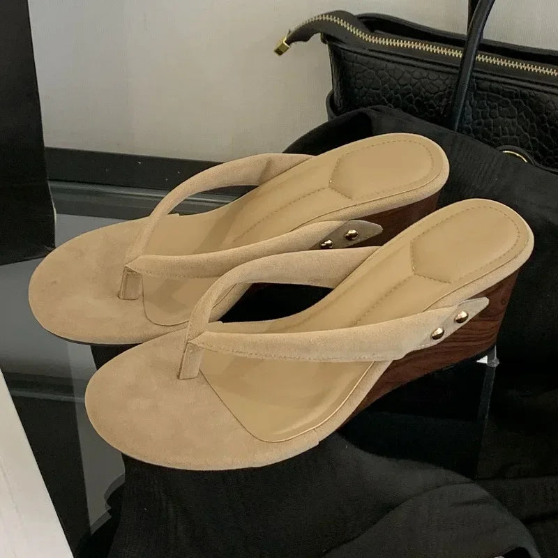 LBSFY -New Fashion Shallow Round Clip Toe Wedge Woman Slippers Summer Timber High Heels Flip Flops Slide Shoes