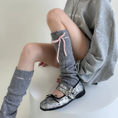 Lbsfy Korea Women Tie Bow Calf Socks Vintage Knit Wool Leggings Covers Socks Y2K Winter Thickened Leg Warmers Harajuku Jk Sleeve