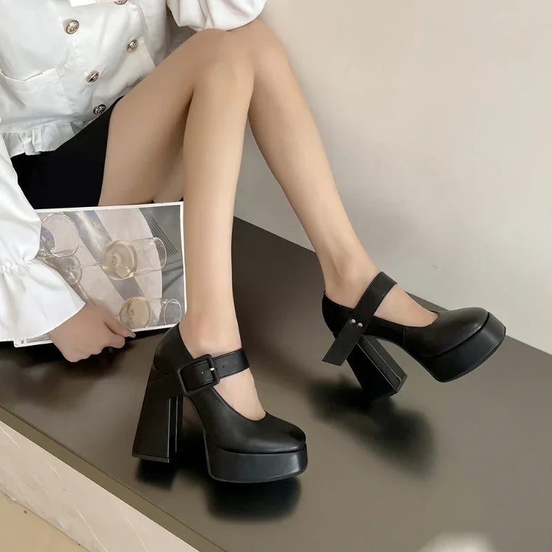 LBSFY  - Chunky Mary Janes Women Pumps Ankle Strap Square Toe Footwear Ladies Spring Black Fashions Platform Platform High Heels Ladies