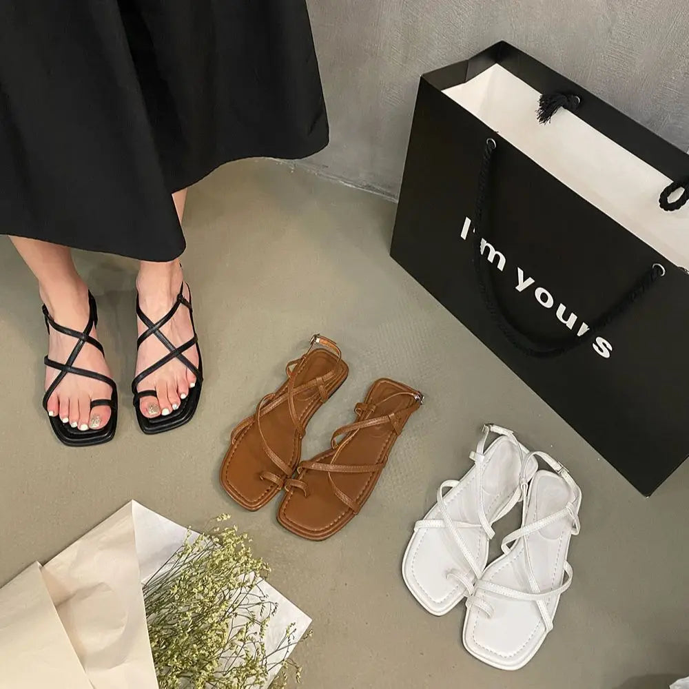 LBSFY  -  Clip Toe Women Sandals Narrow Band Hollow Sexy Summer Dress Shoes Flat Heels Back Strap Fashion Outside Mules Shoes Woman 35-39