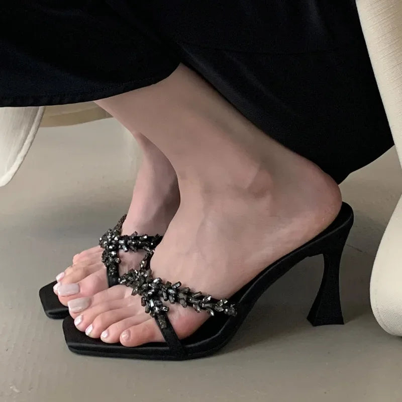 LBSFY -Street Style CRYSTAL Narrow Band Slippers Woman Open Toe Thin High Heels Sandals Stripper Party Slides Shoes