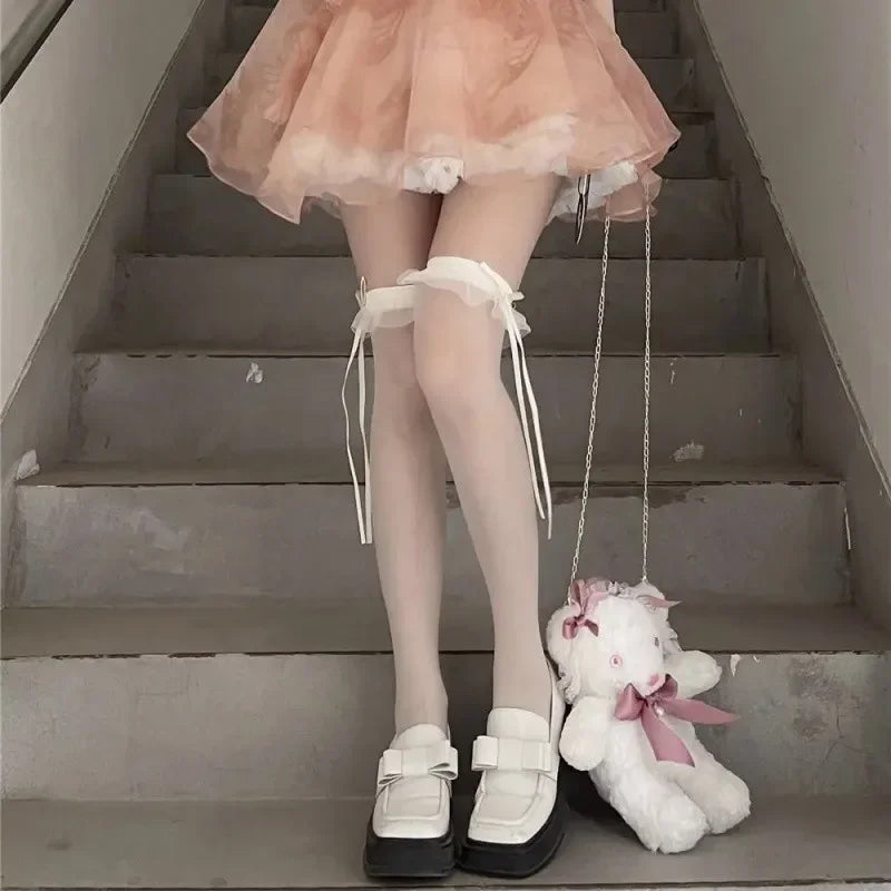 Lbsfy Sweet Bowknot Lace Stockings Women Thigh Knee Socks Black Thin Legging Lolita Thigh High Fishnet Stocking Gothic Punk Long Socks