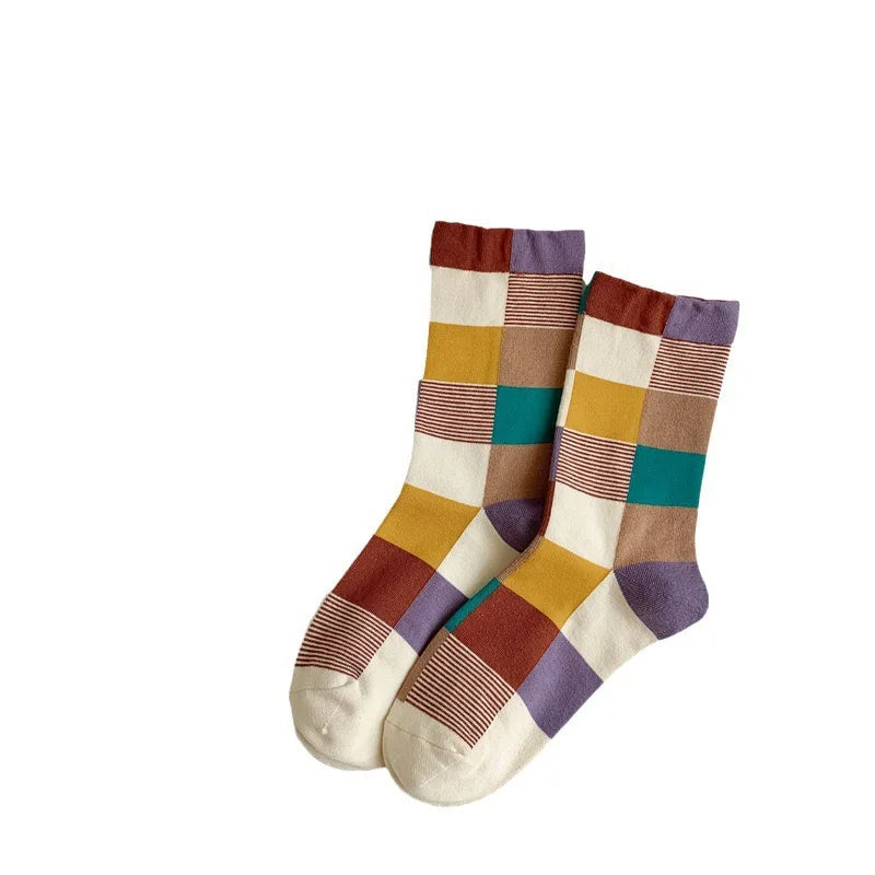 Lbsfy Women's Socks Cotton Vintage Harajuku Street Spring Autumn Winter Polka Dot Striped Plaid Japanese Style Short Crew Socks Girl