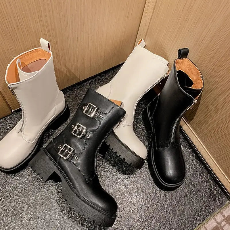 LBSFY  -  2025 New Women's Ankle Boots Buckle Zipper Square High Heels Motorcycle Boots Handmade Autumn Winter Ladies Shoes