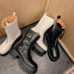 LBSFY  -  2025 New Women's Ankle Boots Buckle Zipper Square High Heels Motorcycle Boots Handmade Autumn Winter Ladies Shoes