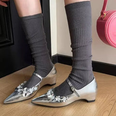 LBSFY -2025 New Style Japanese Bright Sequin Flower Embellished Mary Jane Women's Shoes French Style Increased Height Pointed Toe Singl