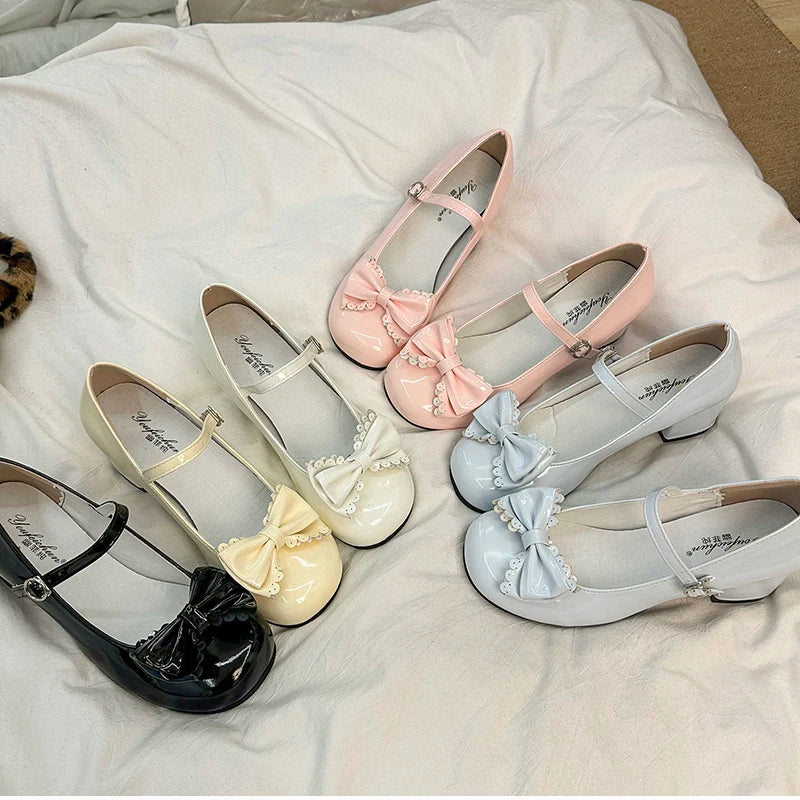 LBSFY -Cute Butterfly-knot Women Lolita Mary Jane Shoes Concise Thick Heel Leather Shoes Ladies Shallow Pumps