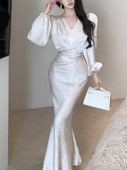 LBSFY -Elegant Bodycon Print Midi Dresses for Women Autumn Lantern Sleeve V-Neck Lace-up Mermaid Evening Party Dress Robe Vestidos New