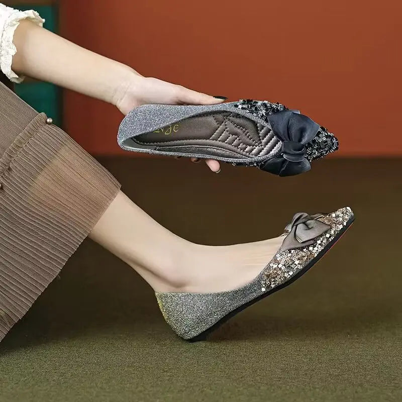 LBSFY -Sequins Wedding Bride Shoe 2025 Trend Pointed Toe With Bow Slip-on Shoes for Women Quick Delivery Y2k Fashion Summer Woman Flats